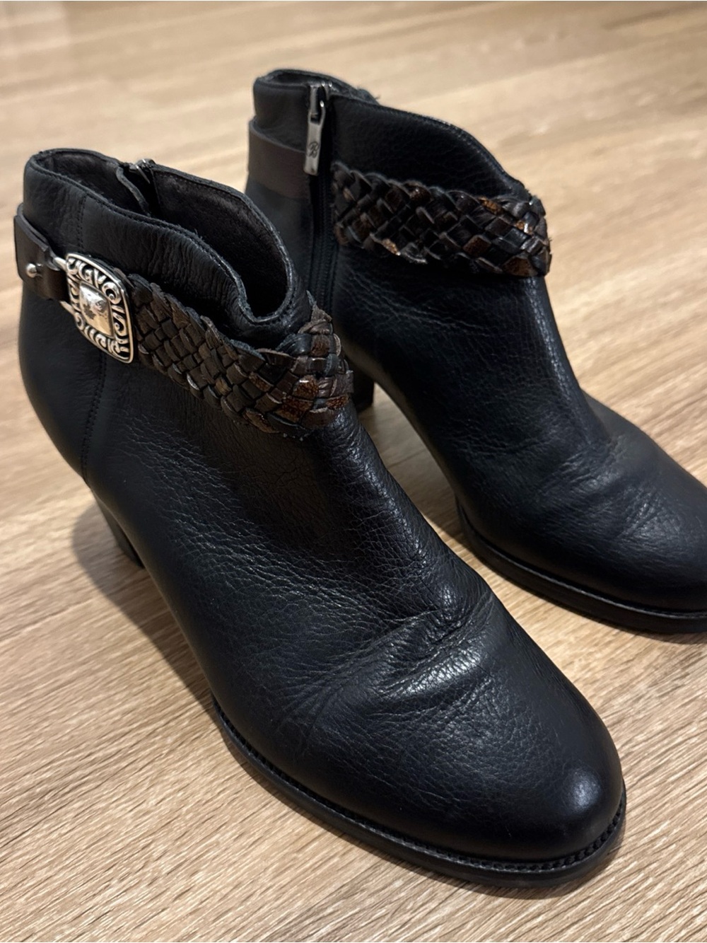 Brighton Black Leather Braided Silver Metal Accent Zip Heel Ankle Booties US 9 M